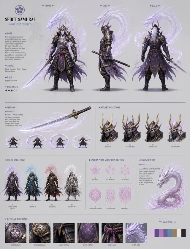 Spirit SamuraiCreate a detailed character sheet of a Spirit Samurai for a fantasy MOBA. Full body fr