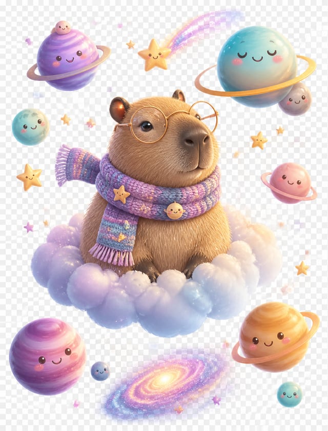 Adorable capybara floating through space on a tiny cloud, wearing a knitted scarf and round glasses,