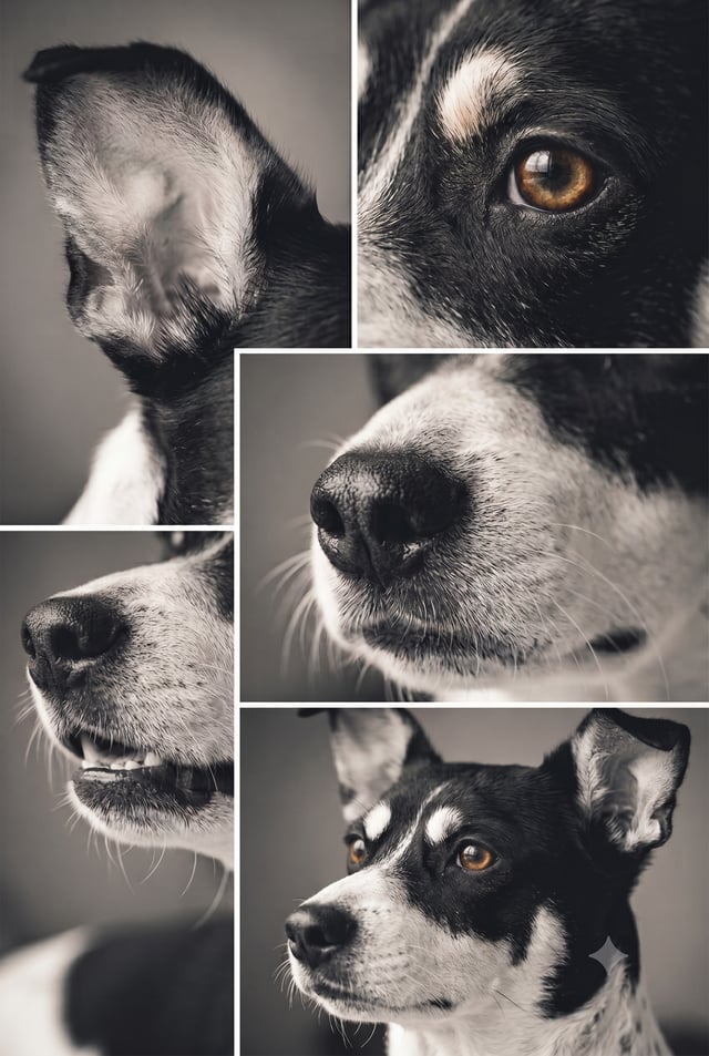 Crea un retrato editorial vertical en formato collage de mi mascota, conservando exactamente su iden