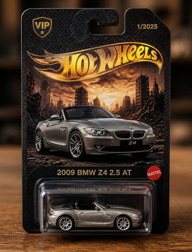 /img A detailed studio shot of a custom Hot Wheels card featuring a silver 2009 BMW Z4 2.5 AT model 