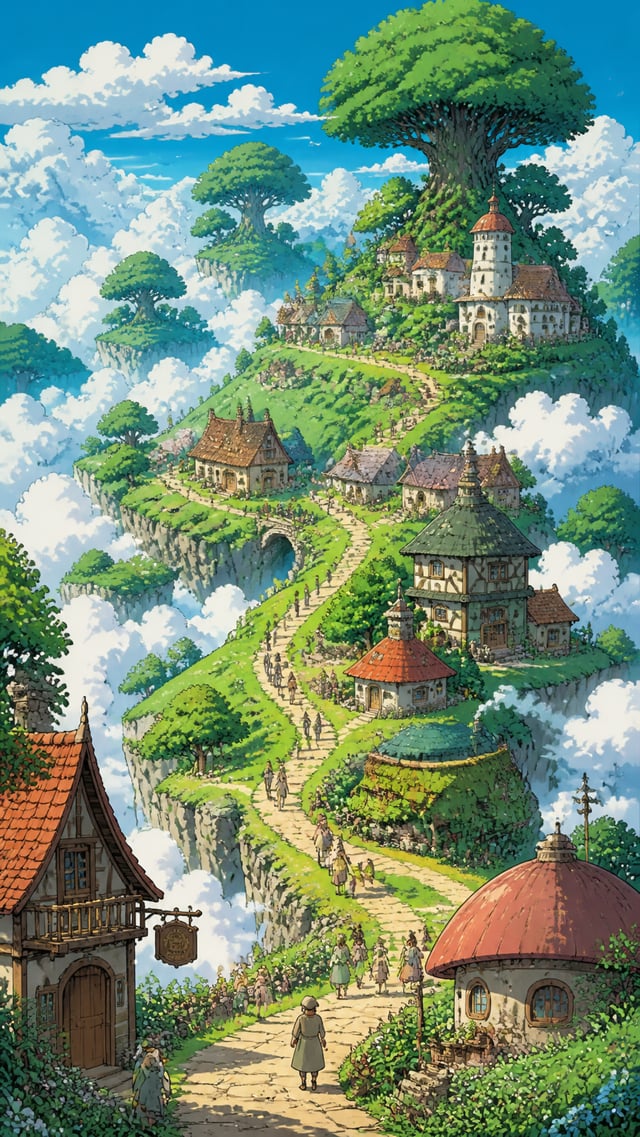Vertical Hayao Miyazaki Ghibli hand-drawn illustration, rolling green grassy hills floating among se