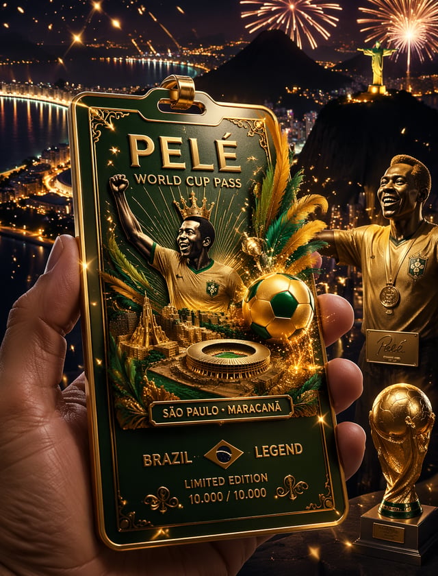 Pelé Создай лимитированный World Cup pass в зелёно‑жёлтой палитре Бразилии: реалистичная рука держит