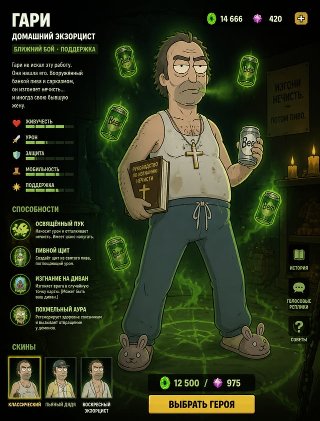 Текст на русском языке Create generated MOBA hero screen in Adult Swim "Rick and Morty" art style, f