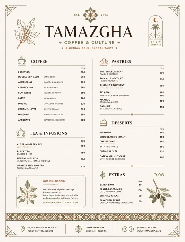 Minimalist coffee shop menu designed in the style of a professional Adobe Illustrator editorial layo