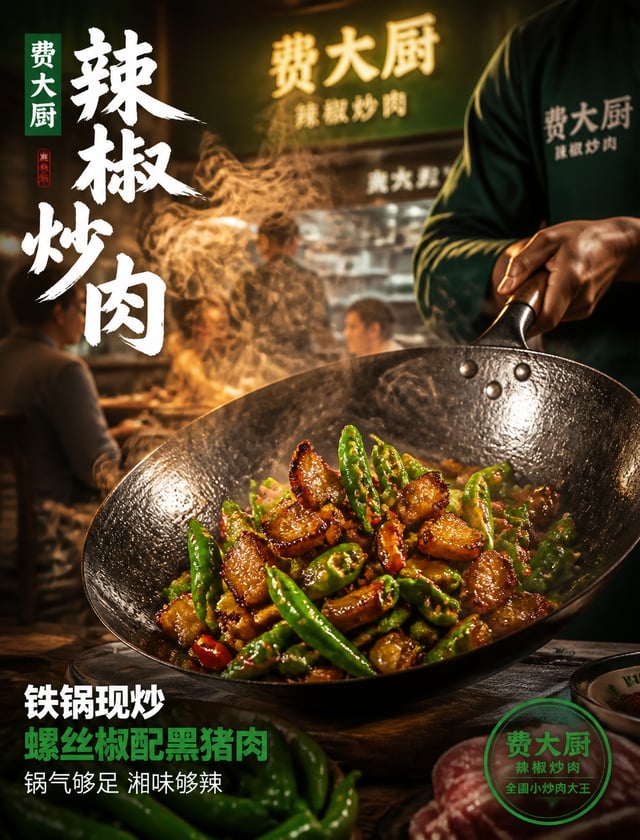 你是一位专精高端餐饮商业视觉的资深创意总监。请对以下商品广告进行专业级重设计：【原始素材】费大厨辣椒炒肉｜铁锅现炒，螺丝椒配黑猪肉，品牌绿视觉锤【趋势锚定】当前餐饮视觉趋势：锅气可视化 + 市井高级感