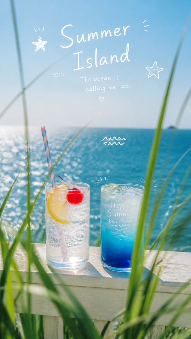 Vertical fresh seaside drink still life photography, blurred green long grass foreground framing, tw