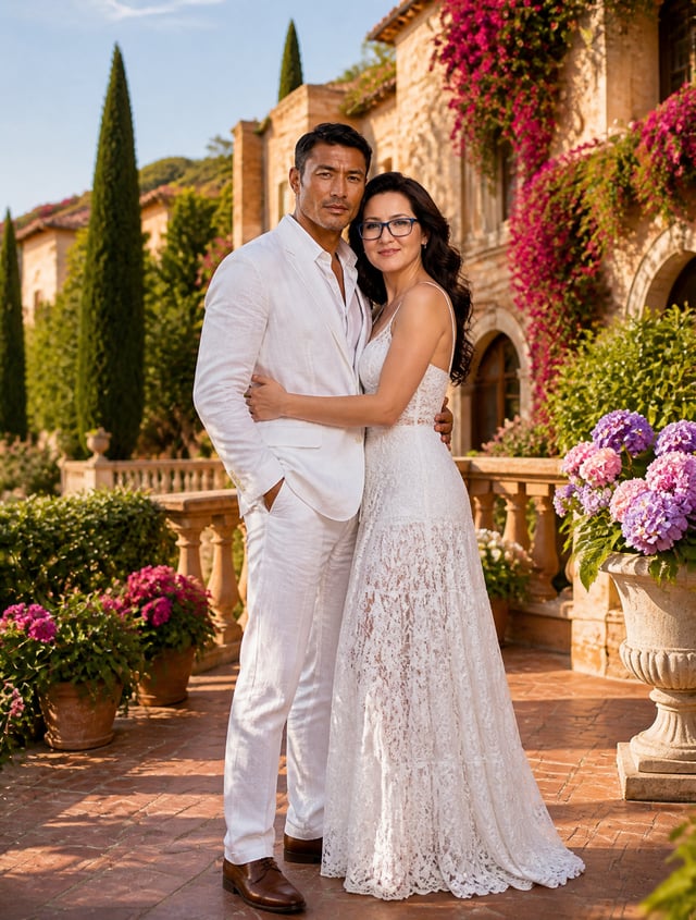 A high-resolution, full-body photograph of a happy couple, a man and a woman, standing in a loving e