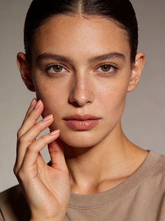 A high-end luxury editorial portrait of a woman with authentic, natural beauty, acting as a clean ca