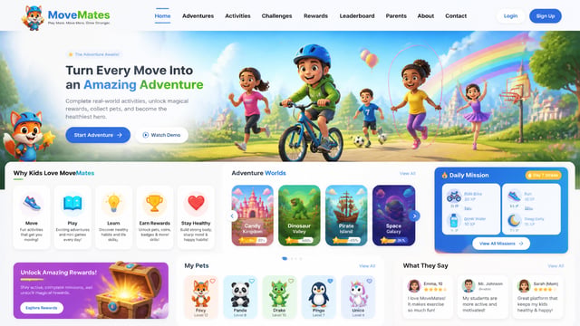 Prompt: Design a Premium Gamified Kids Fitness WebsiteProject NameMoveMatesTaglinePlay More. Move Mo