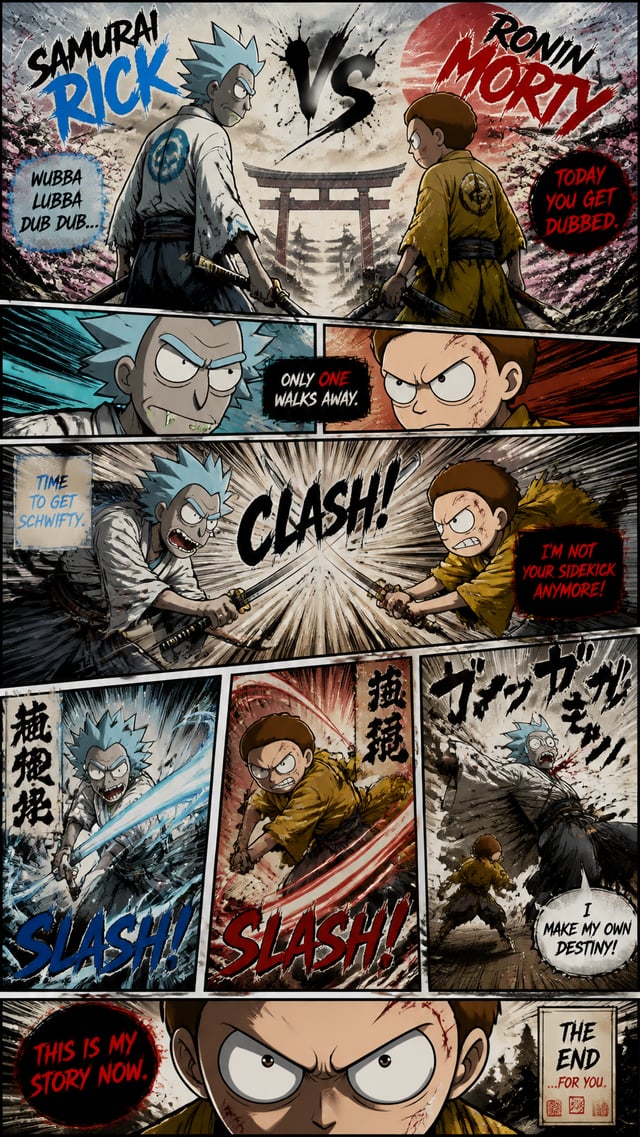 Full-page colored manga illustration of a duel between Samurai Rick and Ronin Morty. 5–7 dynamic con