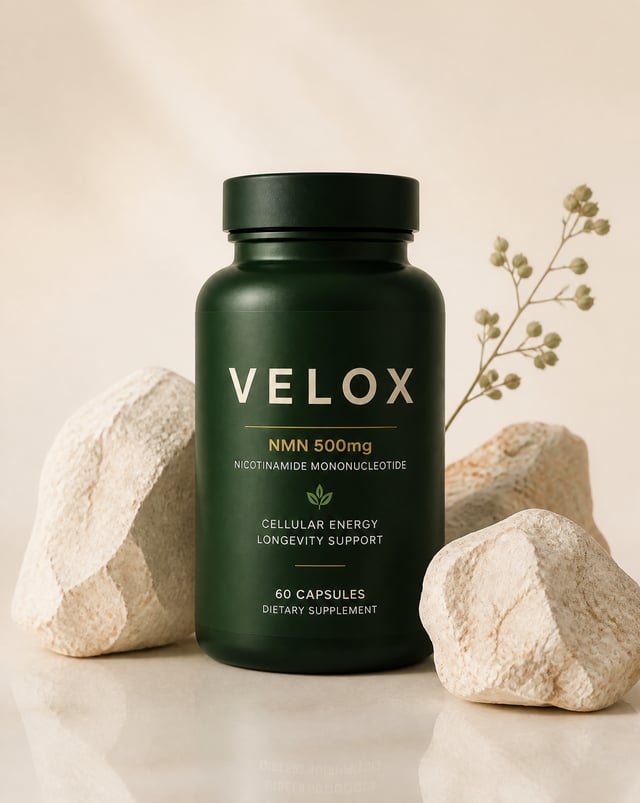 Create a photorealistic, minimal studio product photograph of a premium supplement bottle called VEL