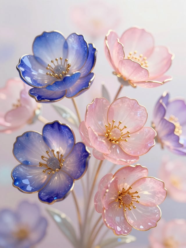 An intricate arrangement of translucent cloisonné-style floral ornaments radiates crystalline beauty