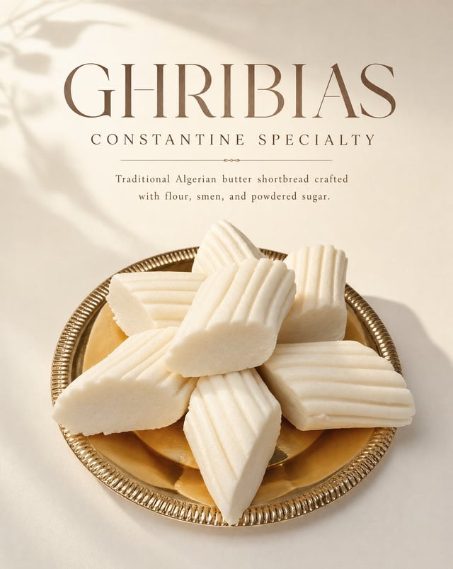 Create an ultra-premium editorial food advertising poster featuring authentic Constantine Ghribia fr