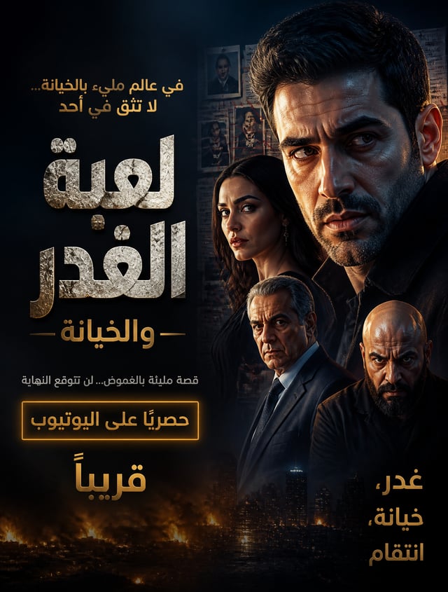 Create an ultra realistic cinematic Arabic YouTube thumbnail for a mystery thriller movie designed l