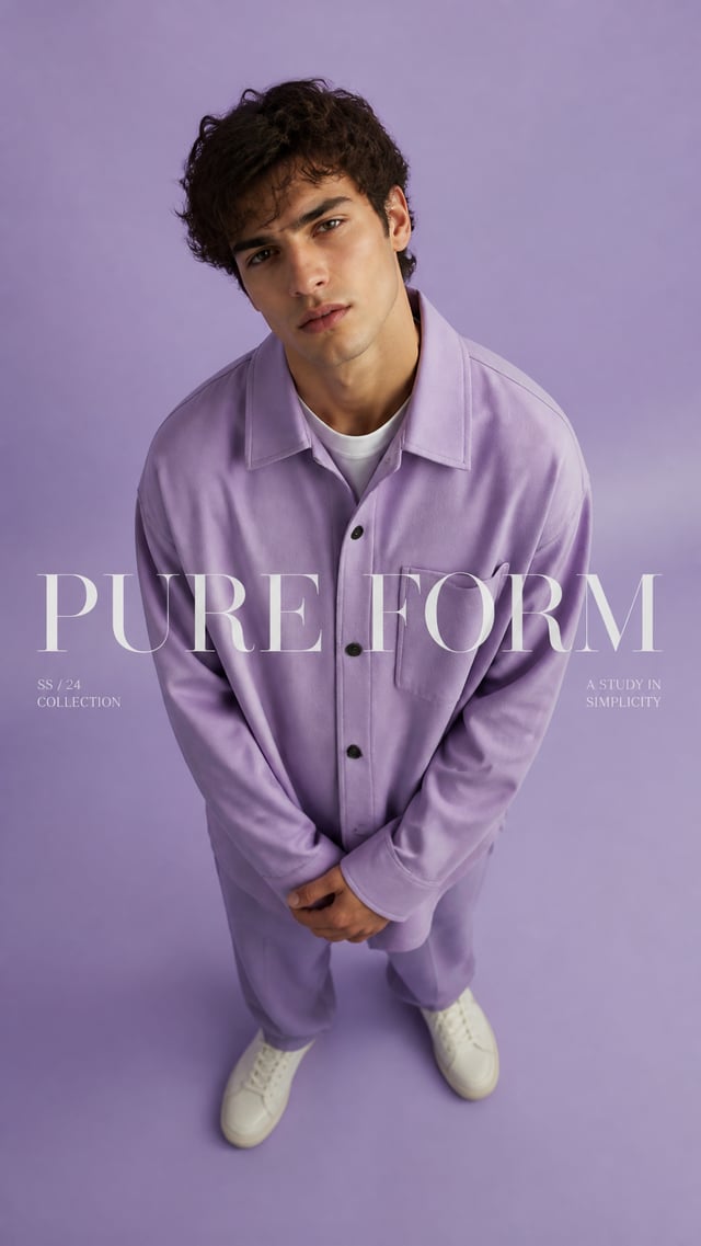 Luxury editorial campaign.Main Subject: Male model wearing an oversized lavender overshirt.Pose: Han