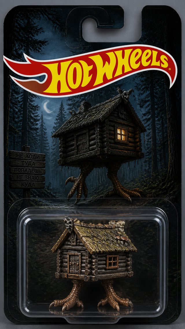 packaged die-cast vehicle of a избушка на курьих ножках. The packaging is single-compartment style. 