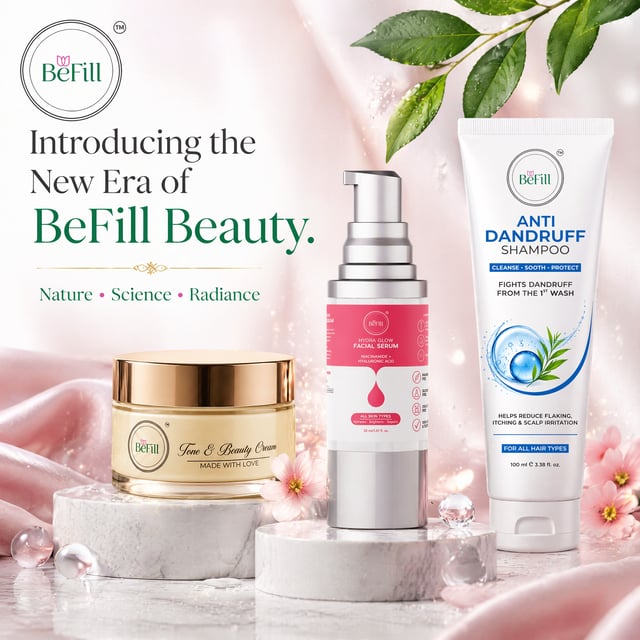 Create an ultra-luxury premium skincare product launch advertisement for BeFill in square (1:1) rati