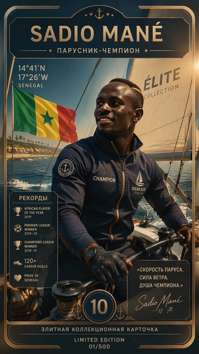 Sadio Mané — Парусник‑чемпион «Элитная коллекционная карточка 9:16, Sadio Mané на палубе гоночной ях