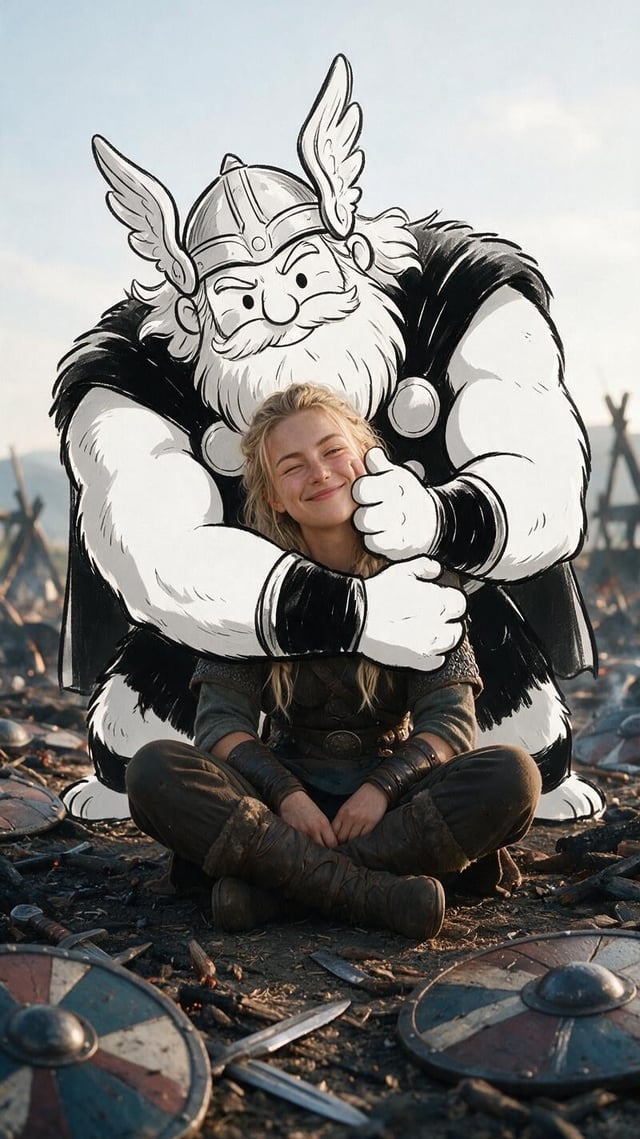 A cute minimalist portrait of a young viking woman soldier sitting casually on the floor of a battle