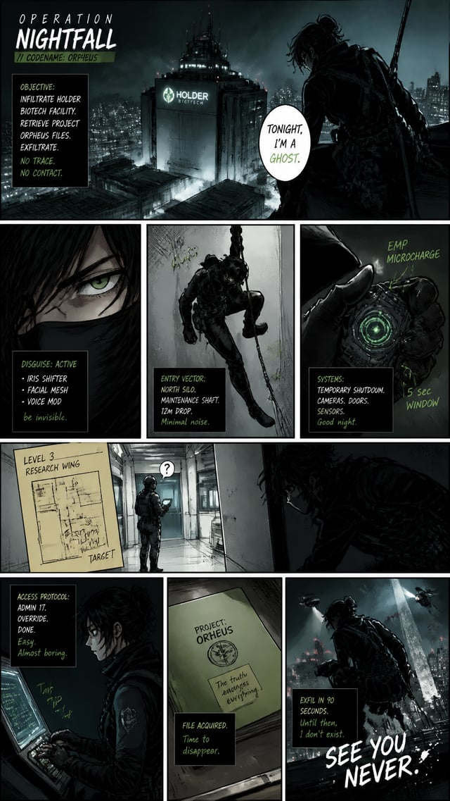 Full-page colored manga illustration of a secret spy mission. 5–7 dynamic panels. Cinematic storytel