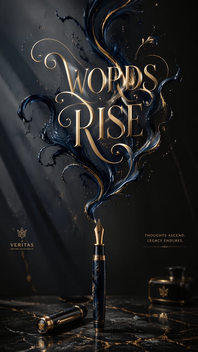 A premium 9:16 luxury stationery advertising poster.Main Subject:A premium fountain pen.The ink flow