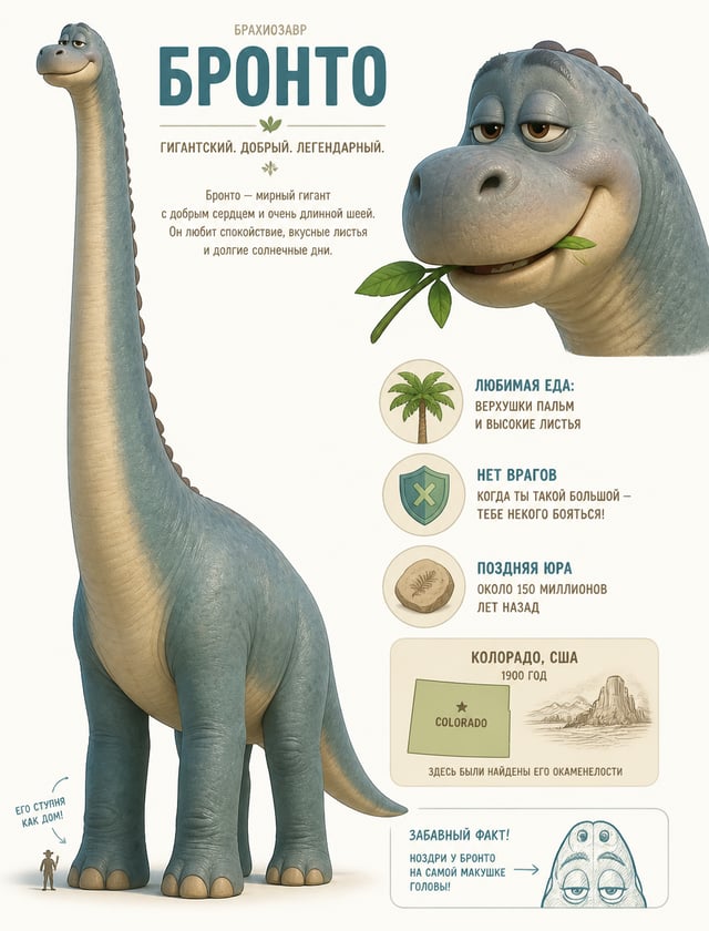 Концепт-лист персонажа, стиль Pixar. Персонаж: гигантский, невероятно добрый Брахиозавр "Бронто" с о