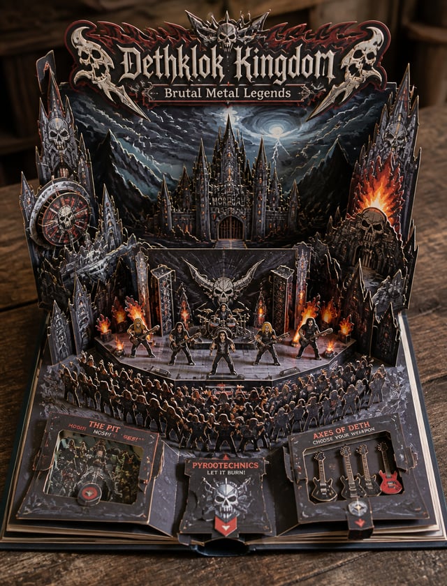 Create a Metalocalypse-themed 3D pop-up papercraft storybook diorama on rustic table, elevated view.