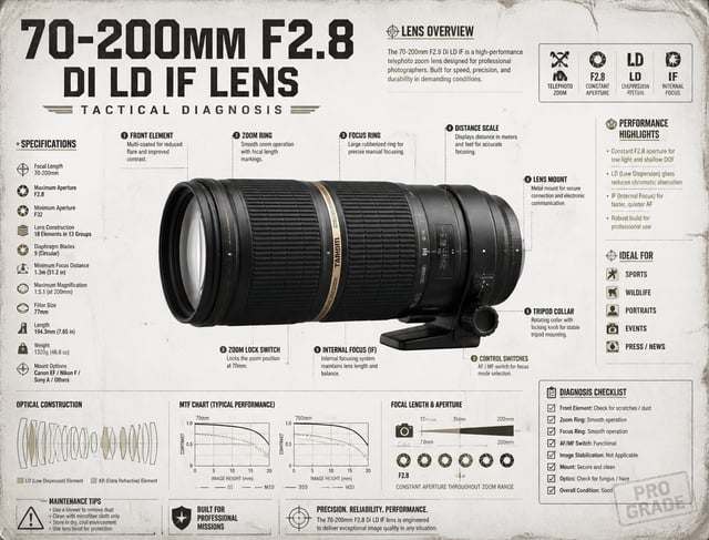70-200mm F2.8 Di LD IF lens tactical Infographic poster diagnosis.white damaged background