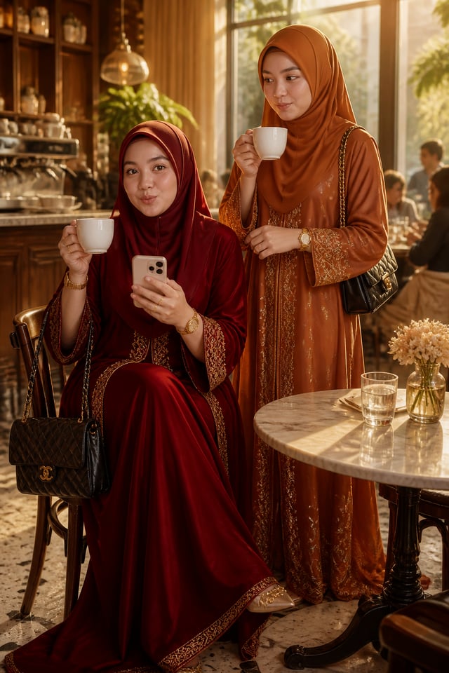 ULTRA-ICONIC CINEMATIC LUXURY 2 MUSLIM WOMAN PORTRAIT the character in reference image 1 And the cha