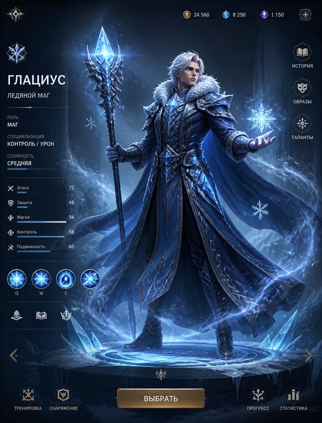 Создайте профессиональную карту персонажа , экрана героя MOBA: ледяной маг в статичной героической п