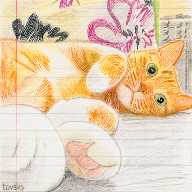 Turn this image into a child's drawing with colored pencils on lined notebook paper. Every element o