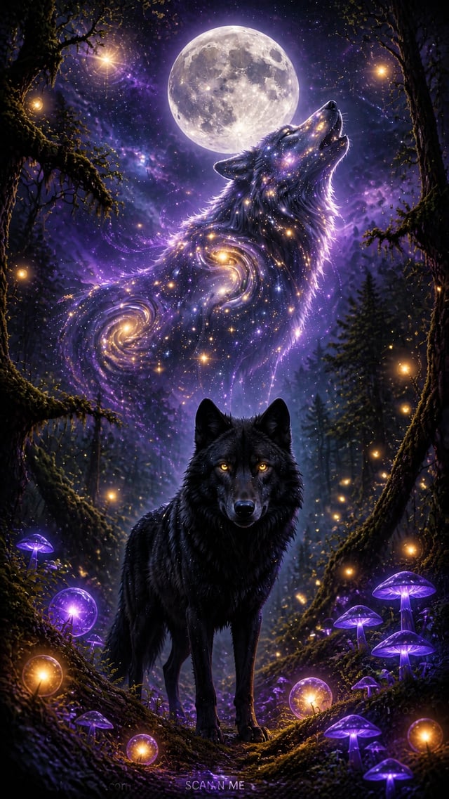 Cosmic galaxy wolf howling at full moon (top)Black wolf with gold eyes staring (bottom)Purple & gold