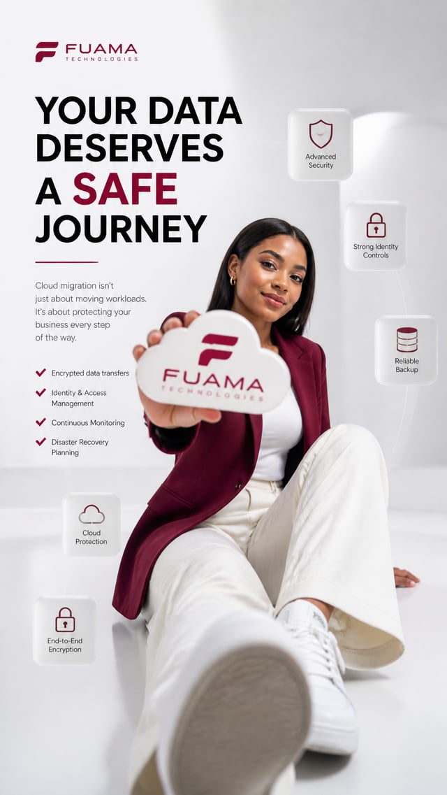 Create a premium 9:16 vertical corporate advertising poster for Fuama Technologies with a luxurious,