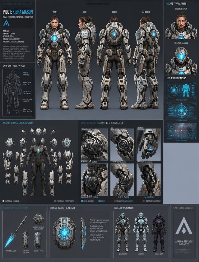 Mecha PilotCreate a detailed character sheet of a Sci-Fi Mecha Pilot in a heavy exo-suit for a MOBA 