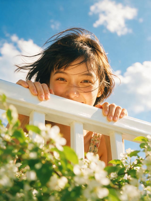Close-up shot from low angle, young woman's face peeking over white balcony railing, both hands grip