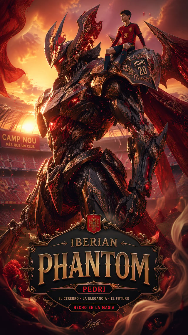 Spain — Pedri — Iberian Phantom “9:16 poster of ‘Iberian Phantom’, stealthy transformable mech with 