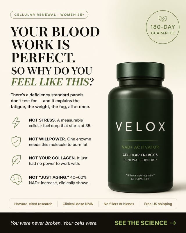 Create a 4:5 vertical static ad graphic (1080x1350px) for a premium supplement brand called VELOX, i