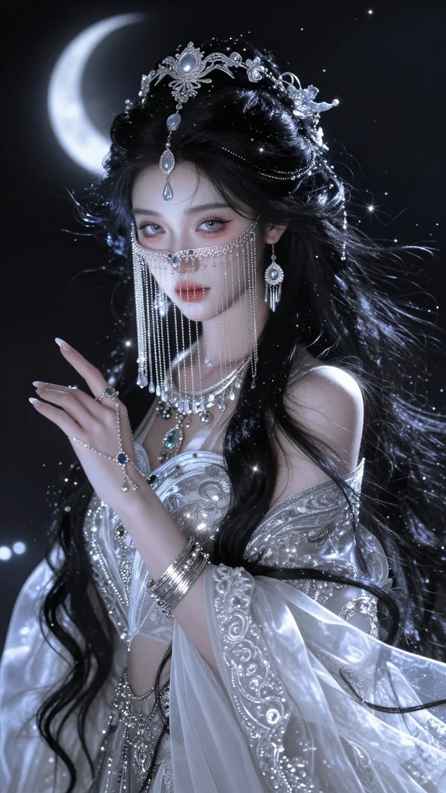 (masterpiece, best quality, ultra detailed, fantasy portrait, dark elegance, celestial beauty, mysti