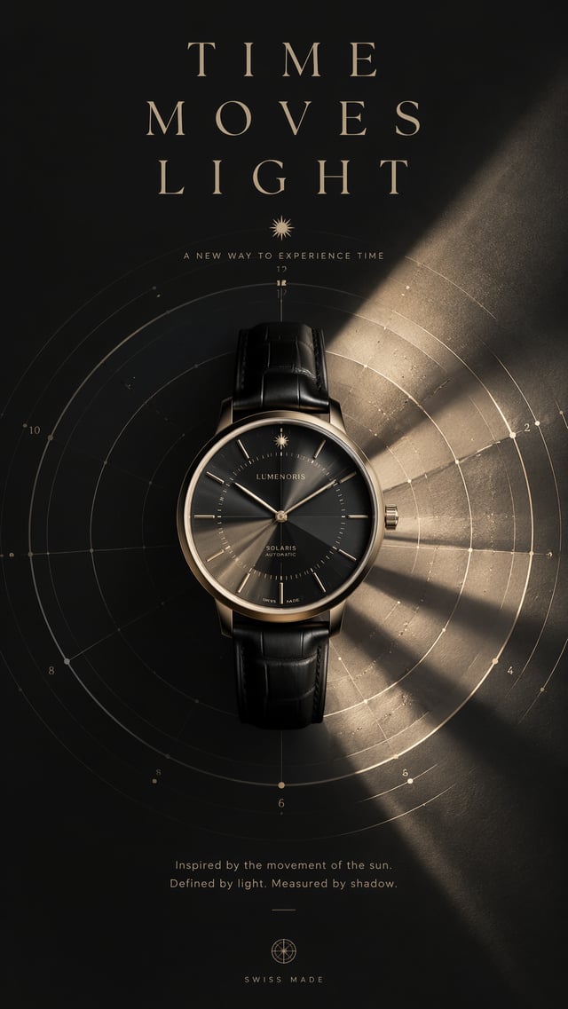 A premium 9:16 luxury watch advertising poster.Main Subject:A luxury wristwatch.Instead of hands mov
