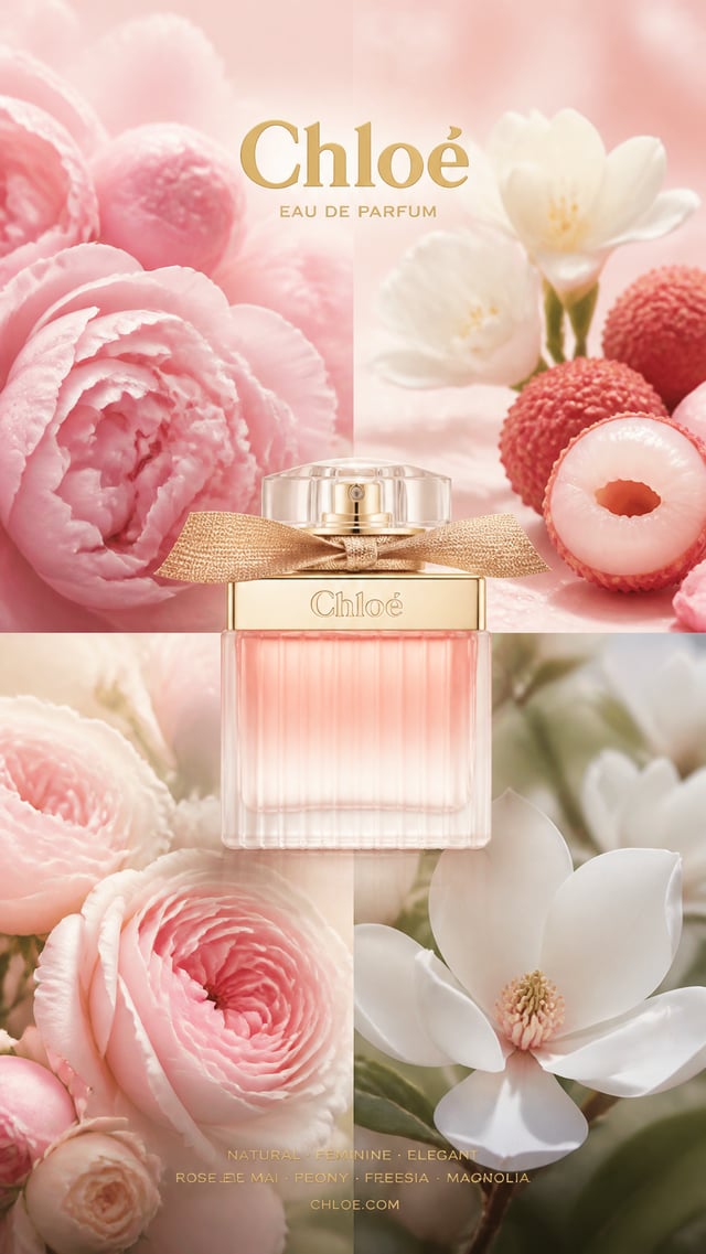 A luxury perfume advertisement mood board for "Chloé" Eau de Parfum, 