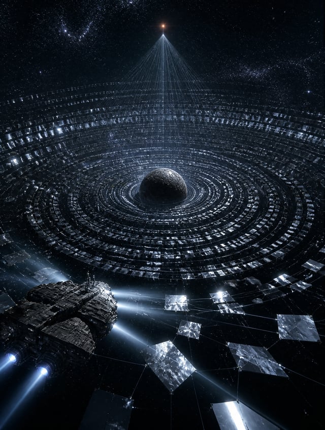 冰冷而壮丽的深空超广角镜头。一颗早已死亡的恒星残骸占据画面中心——那是一颗冷却至绝对零度边缘的中子星，直径仅数十公里，密度却相当于一个太阳。它不再发光，表面是凝固的铁质外壳，在黑暗中呈现暗沉的金属灰。