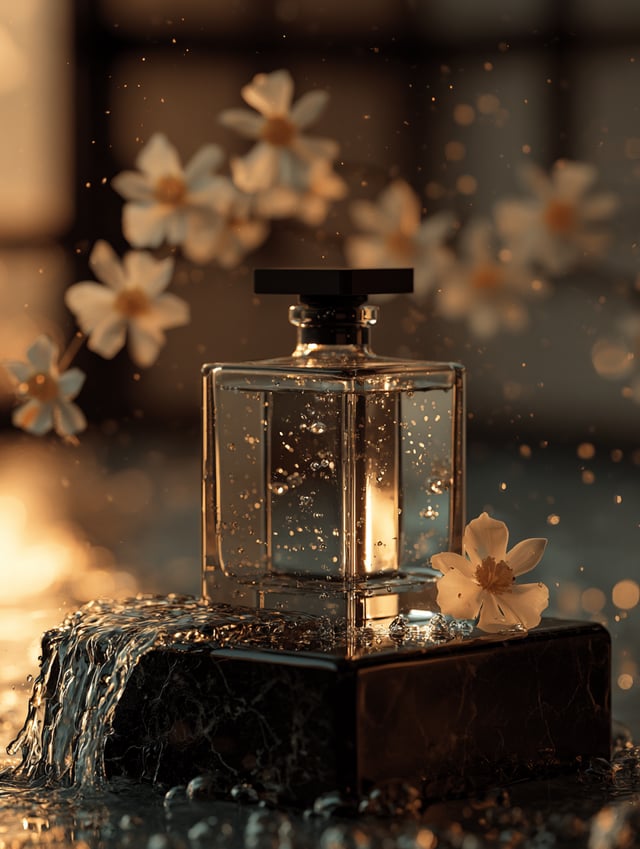 Ultra-premium luxury perfume bottle standing on a polished black marble pedestal with flowing crysta