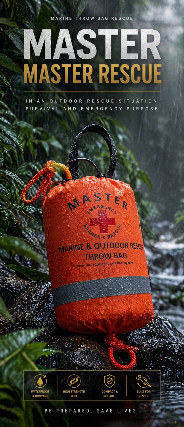 Create a outdoor Throw Bag advertising poster for a outdoor used. Design it as a polished commercial