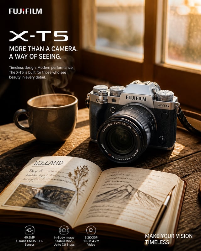 A lifestyle advertisement poster for the Fujifilm X-T5 camera. The silver and black vintage-style ca