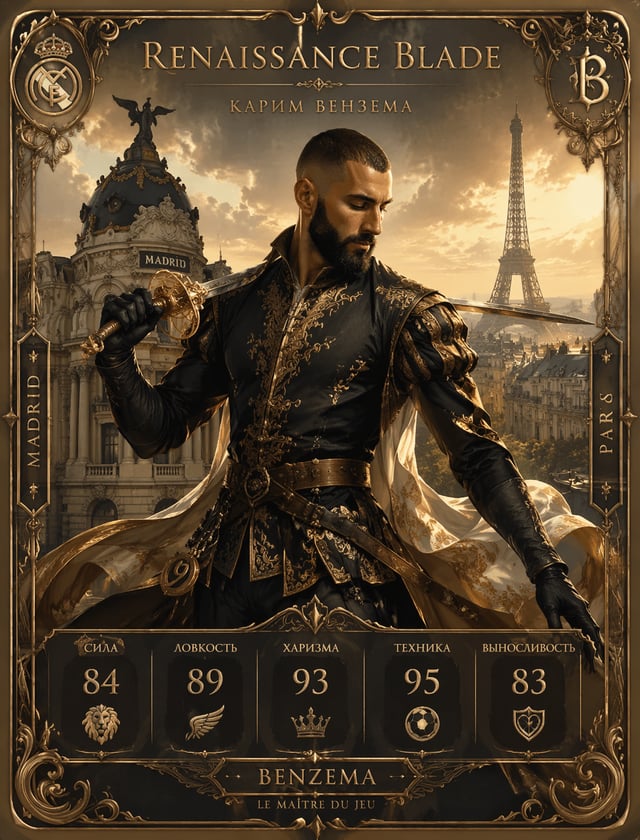 Renaissance Blade — Карим БенземаПромпт: Карим Бензема как "Renaissance Blade" — изящный дуэлянт-рес