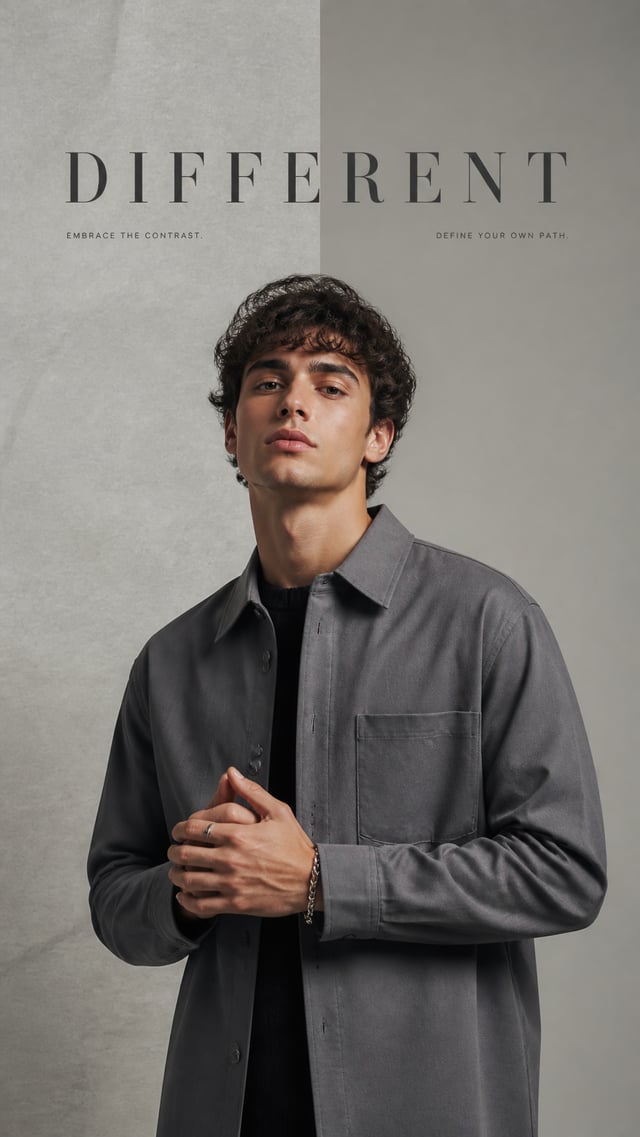 Luxury editorial.Main Subject: Young male model wearing a smoke-grey overshirt.Creative Direction: O