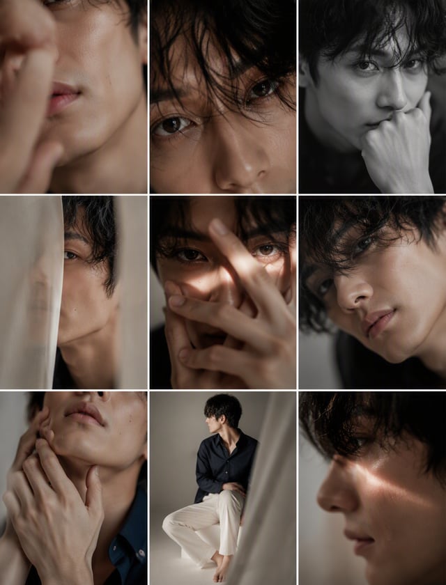 Editorial 3x3 photo grid in a clean soft beige studio. Character (matches reference 100%) wearing li