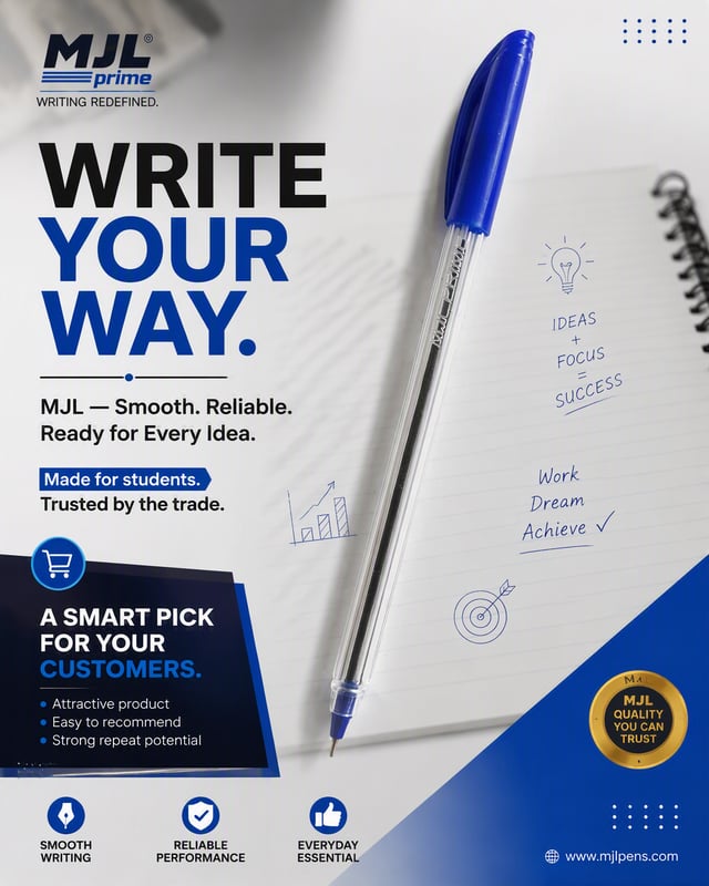 Create a trendy, premium, high-conversion advertising poster for MJL Ball Pen, designed to appeal si