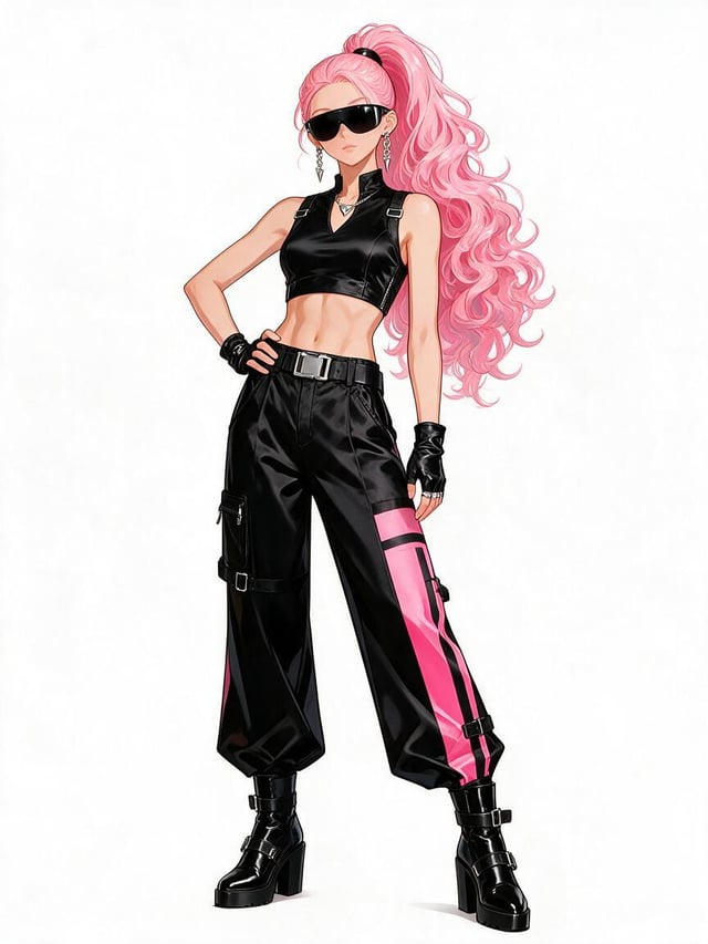A stylish anime woman stands facing the viewer in a confident full-body pose, her voluminous waist-l