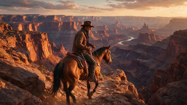 Papel pintado cinematográfico, ultra alta resolución, 8K. Un vaquero moderno, Silas Thorne, montando